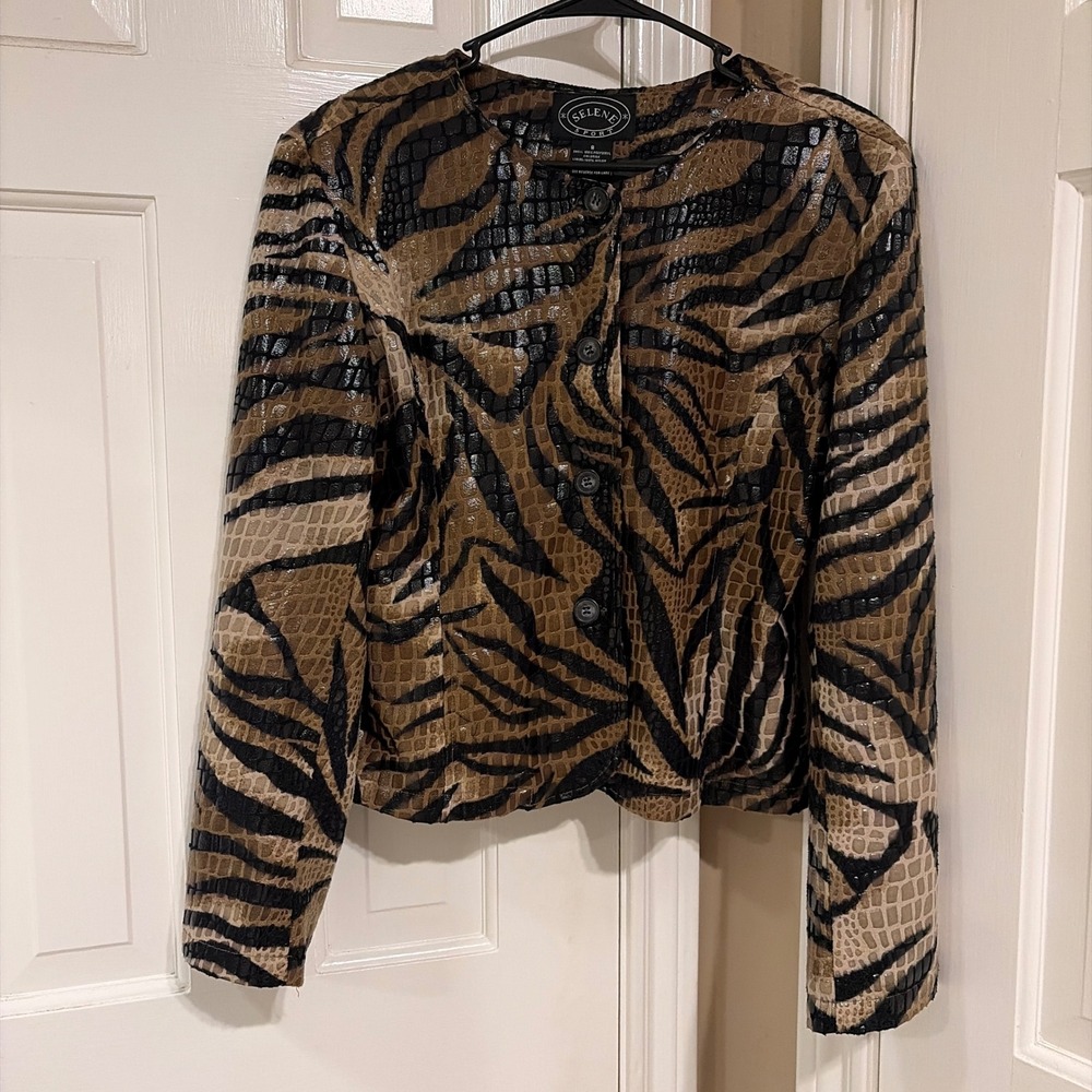 Selene Sport Womens Animal Print Jacket Brown Size 8 Faux Crocodile Zebra Stripe